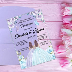 Invitación de quinceañera para gemelos, invitación acrílica para dulces dieciséis hermanas, tarjetas de quince años en azul y lila