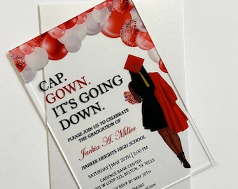May include: A graduation invitation with red and white balloons, a black silhouette of a graduate in a red cap and gown, and the text "CAP. GOWN. IT'S GOING DOWN."  Please join us to celebrate the graduation of Jackia A. Miller. Harker Heights High School. Saturday | May 25th | 2:00 PM. Cadence Bank Center. 301 W Loop 121, Belton, TX 76513. Kindly RSVP by May 20th. rsvp by phone at 254.661. jackiamille@gmail.com