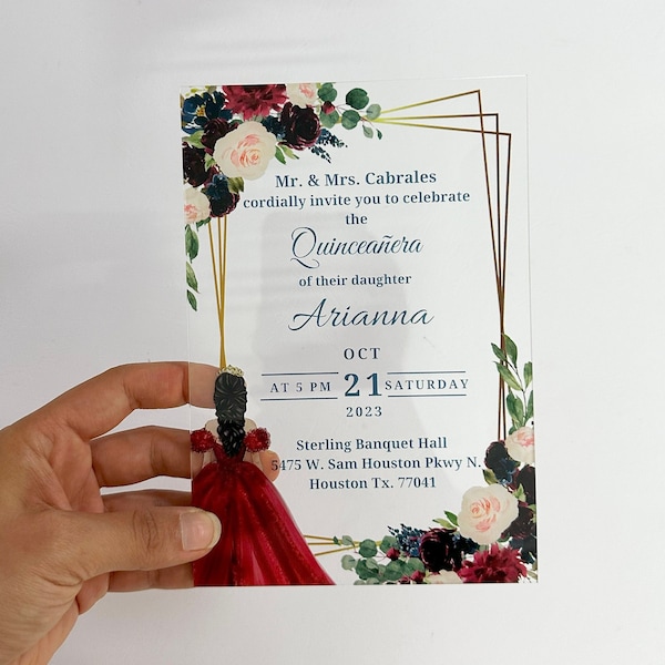 Quinceanera Invitations, Burgundy Invitation, Sweet Sixteen Acrylic Cards, Princess with Red Dress Invites, Bar or Bat Mitzvah Invitation