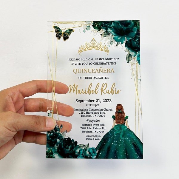 Emerald Green Quinceanera Invitation, Princess with Green Dress, Sweet Sixteen Cards on Acrylic, Gold and Emerald Green Invitation