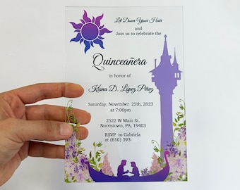 Rapunzel Invitation, Quinceanera Invitation, Clear Acrylic Princess Cards for Sweet Sixteen and Wedding