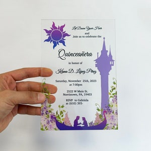 Rapunzel Invitation, Quinceanera Invitation, Clear Acrylic Princess Cards for Sweet Sixteen and Wedding