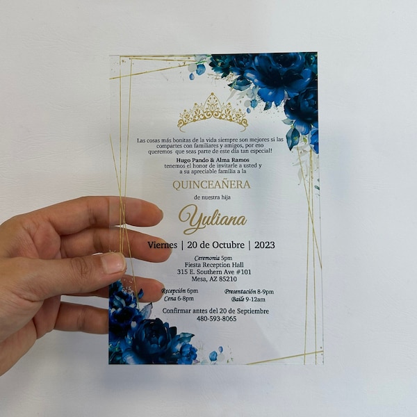 Royal Blue Invitation, Wedding Invitation, Blue and Gold Acrylic Invitation for Quinceanera, Bar or Bat Mitzvah, Sweet Sixteen Cards
