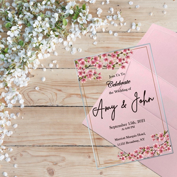 Cherry Blossom Quinceanera Invitation, Wedding Invitation, Sweet Sixteen Acrylic Glass Cards, Spring Design Invitation