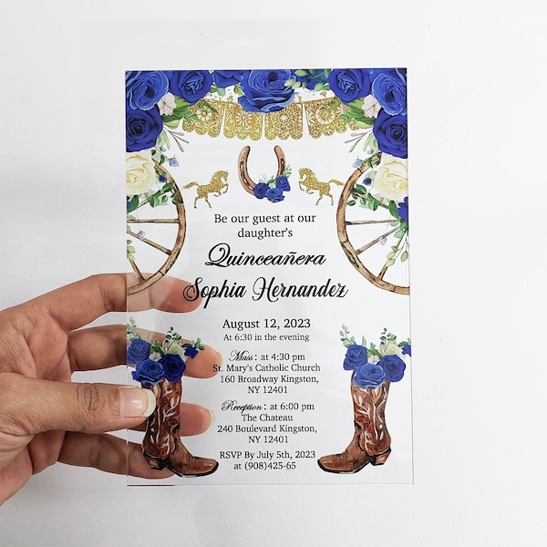 Quinceanera Invitation, Sweet Sixteen Navy Blue Western invitation, Texas Acrylic Invitation