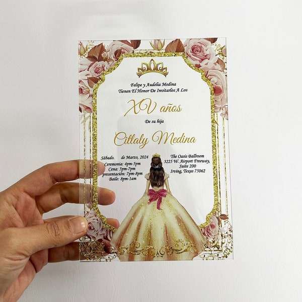 Rose Gold Invitation, Quinceanera Invitation on Acrylic, Princess Cards for Quince anos, Sweet Sixteen Rose Gold Clear Cards, Sweet 15 Cards