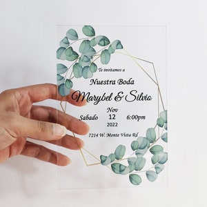 Invitación acrílica, invitación de boda, invitación de quinceañera, invitación de hojas verdes para dulces dieciséis, baby shower, bar o bat mitzvah