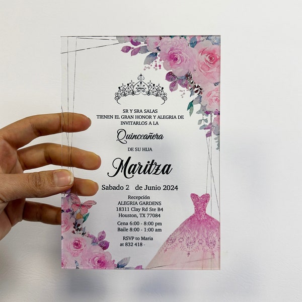 Pink Quinceanera Invitation, Invitation for Sweet Sixteen with Pink Dress and Crown, Sweet Fifteen Clear Cards