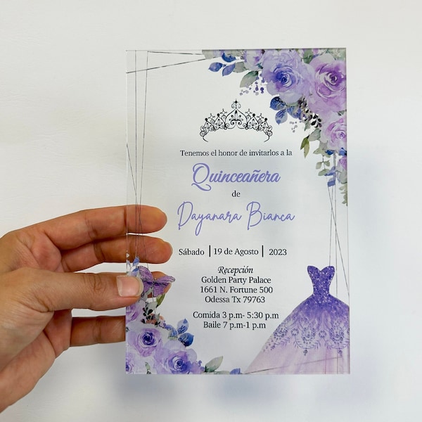 Quinceanera Invitation, Lilac Lavender Invitation for Sweet Sixteen with Light Purple Dress and Crown, Sweet Fifteen Clear Cards