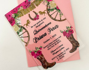 May include: Pink and white invitation with floral designs and a gold glitter border. The text reads "Be our guest at our daughter's Quinceañera Briana Perez" and includes the date, time, and location of the event.