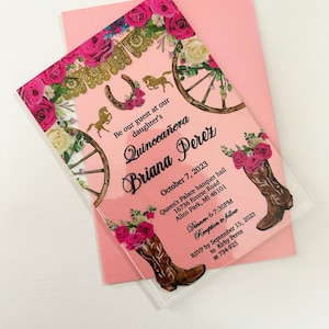 Pink Invitation for quinceanera and sweet sixteen, Boot and Horseshoe design acrylic invitation, Fushia Texas Theme Cards for quince anos