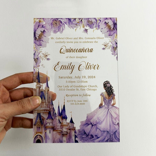 Lilac Quinceanera Invitation, Sweet Sixteen Acrylic Cards, Princess with Purple Dress Invitation for Quince anos