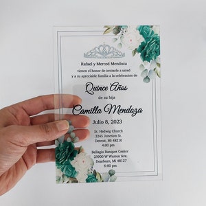 Smaragdgrün Quinceanera Einladung, Sweet Sixteen Karte, Hochzeitseinladung, Acryleinladung mit Krone, Bar oder Fledermaus Mitzvah Lädt ein
