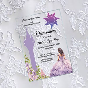 Rapunzel Invitation, Quinceanera Invitation, Clear Acrylic Princess Cards for Sweet Sixteen and Wedding