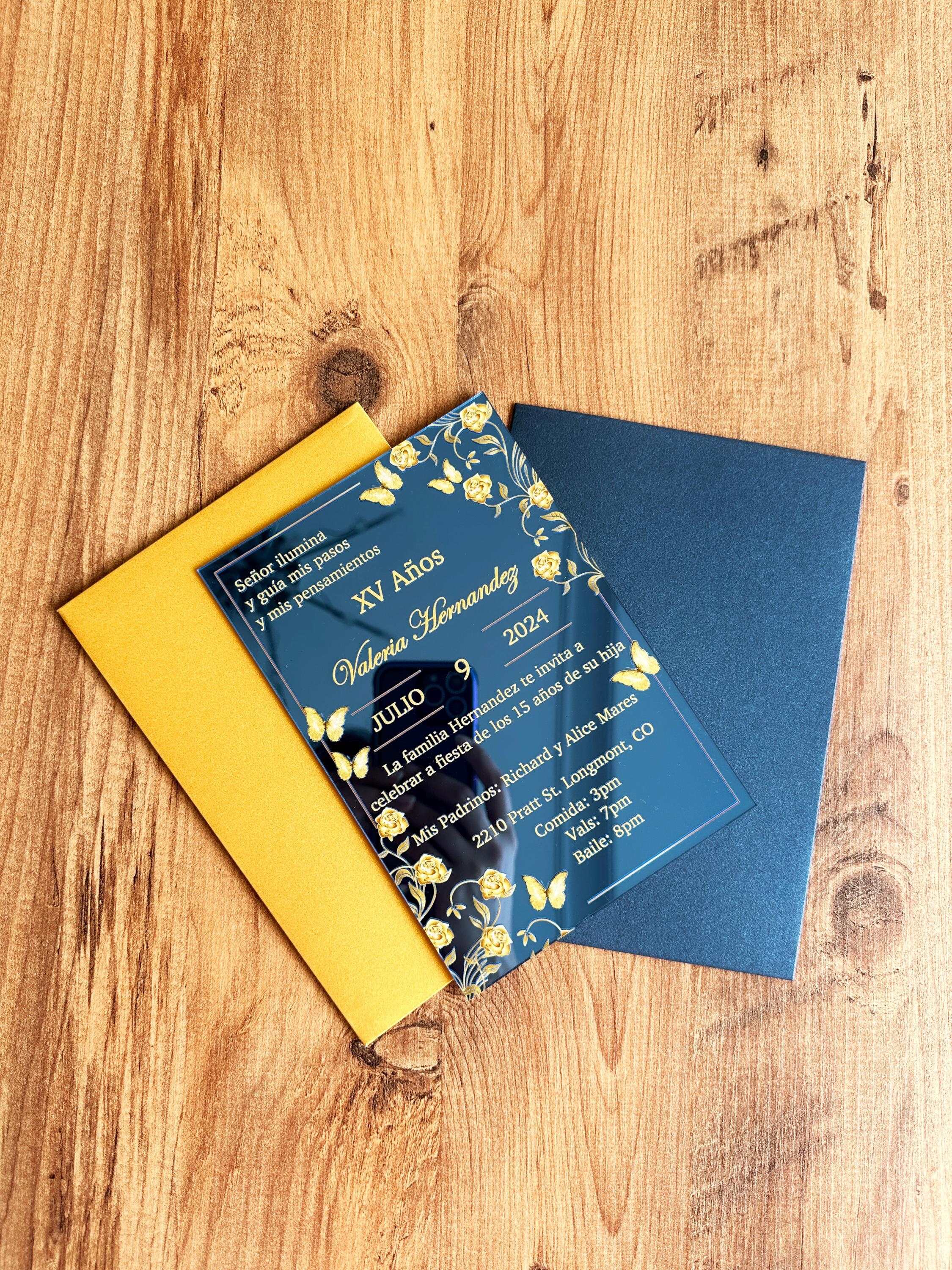Gold and Navy Blue Quinceanera Invitation on Miror, Sweet Sixteen Cards, Luxury Floral Invites, Mirror Invitation