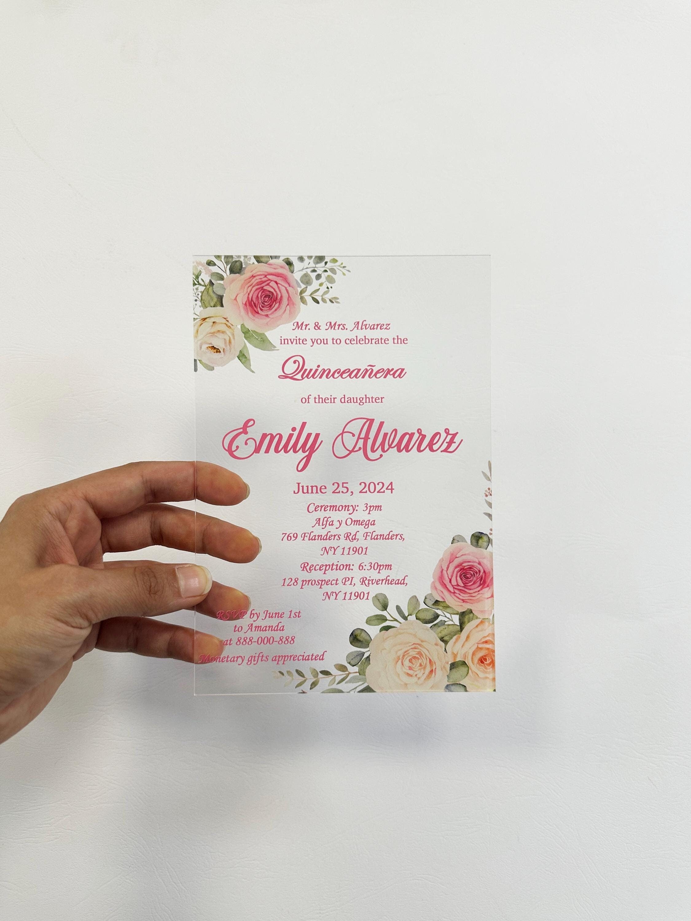 Quinceanera Invitation, Pink Flowers Invitation, Blush Pink Sweet Sixteen  Acrylic Cards, Wedding Clear Invites - Etsy Canada