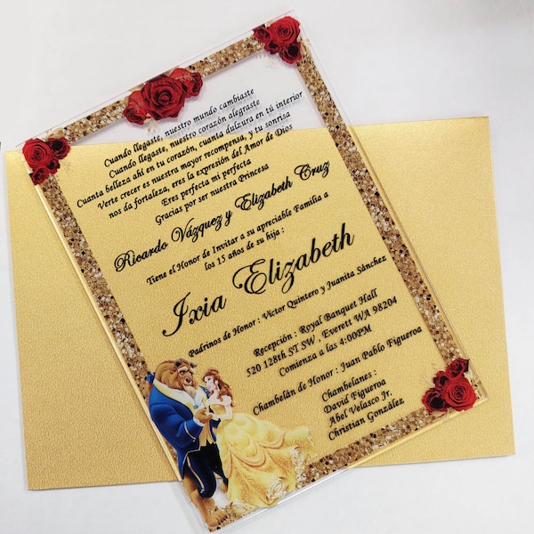Beauty and the Beast Invitations, Quinceanera Acrylic Invitations, Sweet Sixteen Cards