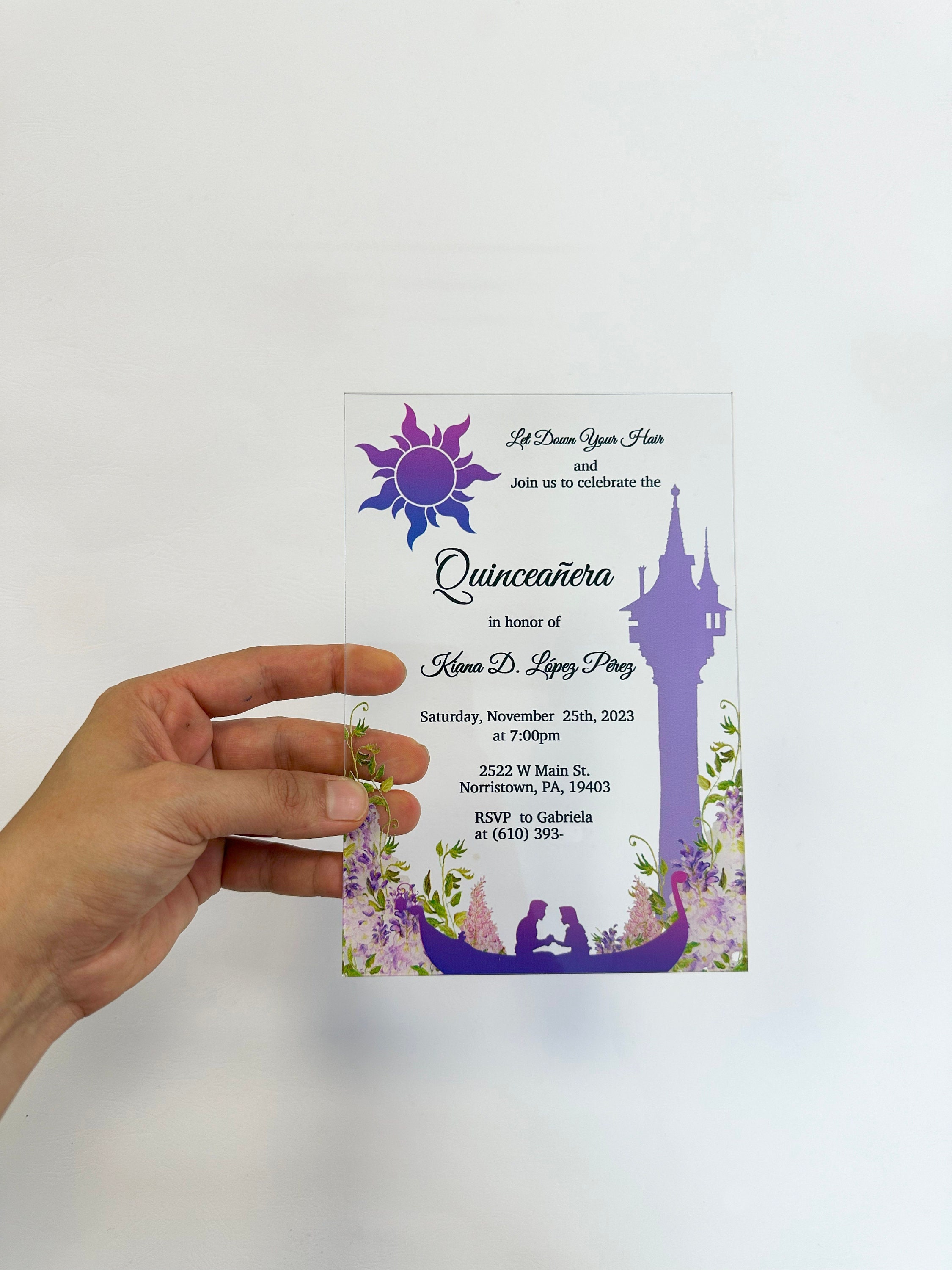 Rapunzel Invitation, Quinceanera Invitation, Clear Acrylic Princess Cards  for Sweet Sixteen and Wedding - Etsy, image size:2250x3000