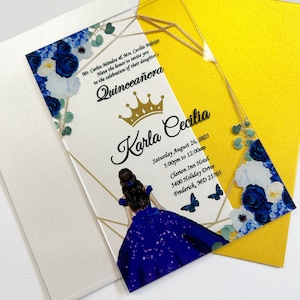 Faire-part de Quinceanera bleu royal, invitation Sweet Sixteen avec princesse et couronne en or, invitation en acrylique, cartes de princesse de Quinceanera