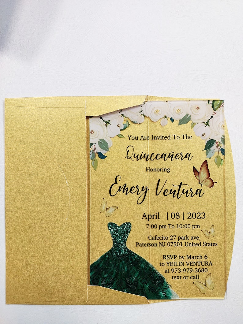 Quinceanera Invitation Emerald Green and Gold Sweet Sixteen Etsy