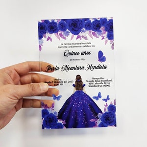 Invito per la festa di Quinceanera in blu reale, invito per la festa dei sedici anni in blu navy e viola, invito in acrilico, biglietti per la festa della principessa Quinceanera