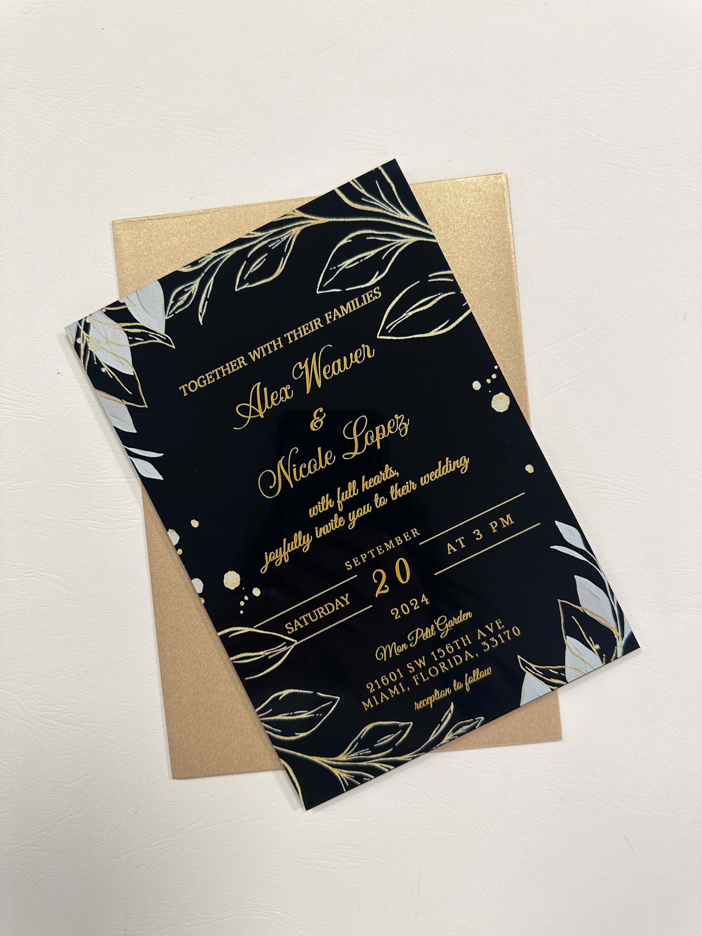 Black Acrylic Invitation, Wedding Invitation, Black and Gold