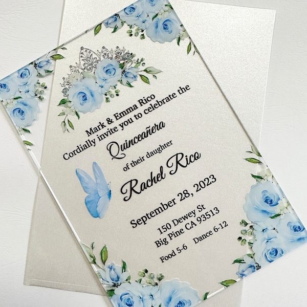 Baby Blue Quinceanera Invitation, Light Blue Sweet Sixteen Acrylic Invitation, Wedding Invitation