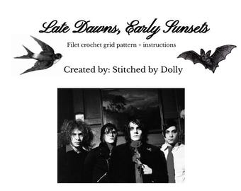 May include: A digital document titled Late Dawns, Early Sunsets, a filet crochet grid pattern and instructions created by Stitched by Dolly. The page features a swallow, a bat, and a black and white photograph of four individuals.