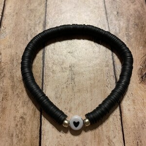 Black heishi beaded bracelet with heart bead / gifts/ stretchy bracelets