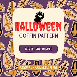 Può includere: Un motivo digitale con un design ripetitivo di bare arancioni e nere con motivi a croce su sfondo viola. Il testo centrale recita HALLOWEEN COFFIN PATTERN, DIGITAL PNG BUNDLE e PERSONAL + COMMERCIAL USE.