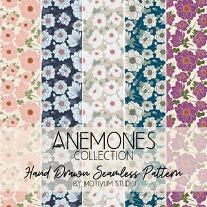 Può includere: Un grafico digitale con cinque pannelli verticali di motivi floreali continui con fiori di anemone in rosa, blu scuro, grigio chiaro, verde acqua e viola. Il testo recita ANEMONES COLLECTION Hand Drawn Seamless Pattern BY MOTIVUM STUDIO.