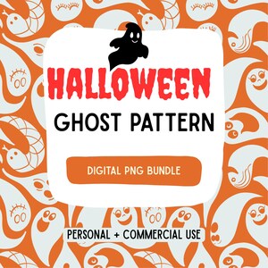 Orange Halloween Ghost Pattern PNG Bundle, Retro Spooky Digital Paper, Cute Ghosts, 9 Files, Commercial Use
