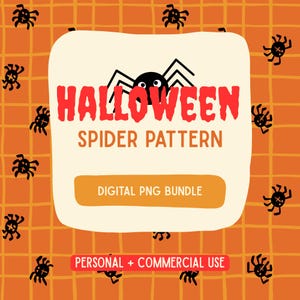 Può includere: Un grafico digitale con sfondo a griglia arancione e piccoli ragni neri. Una forma centrale color crema mostra il testo rosso HALLOWEEN, il testo marrone SPIDER PATTERN, un pulsante marrone DIGITAL PNG BUNDLE e una barra rossa con testo bianco.