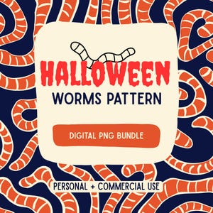 Può includere: Una grafica digitale con un motivo ripetuto di vermi a strisce arancioni e bianche su sfondo blu scuro. L'etichetta centrale color crema mostra il testo HALLOWEEN WORMS PATTERN, DIGITAL PNG BUNDLE e PERSONAL + COMMERCIAL USE.