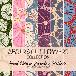 Abstract Floral Seamless Pattern Bundle, 18 PNG, 6 Colorways, 3 Scales, Retro Flower Patterns