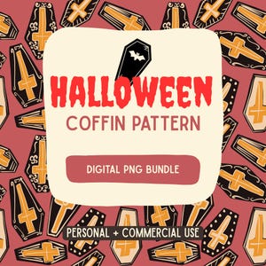 Può includere: Un motivo digitale con bare nere e croci arancioni su sfondo rosa polvere. L'etichetta centrale color crema riporta il testo HALLOWEEN COFFIN PATTERN, DIGITAL PNG BUNDLE e PERSONAL + COMMERCIAL USE con l'icona di una piccola bara nera.