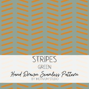 Könnte beinhalten: Ein nahtloses Muster mit handgezeichneten orangefarbenen diagonalen Streifen in Fischgrätenoptik auf einem salbeigrünen Hintergrund. Der Text lautet: STRIPES GREEN Hand Drawn Seamless Pattern BY MOTIVUM STUDIO.