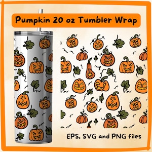 Può includere: Un design per bicchiere da 20 oz con un motivo ripetuto di zucche arancioni con varie espressioni facciali e foglie verdi su sfondo crema. Il testo Pumpkin 20 oz Tumbler Wrap e EPS, SVG and PNG files è visibile.