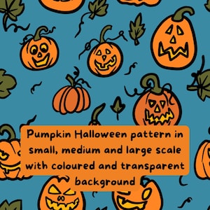 Può includere: Un motivo ripetitivo su sfondo blu con zucche e lanterne arancioni con foglie e viticci verdi. Un rettangolo arancione centrale contiene il testo: Pumpkin Halloween pattern in small, medium and large scale with coloured and transparent background.