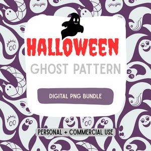 Purple Halloween Ghost Pattern Bundle, Spooky Digital Paper, Cute Ghost PNG, 9 Files, Commercial Use