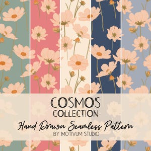 Può includere: Un grafico digitale che presenta cinque pannelli verticali di motivi floreali continui con fiori di cosmo color pesca chiaro su sfondi verde salvia, corallo, crema, blu navy e blu ardesia. Il testo recita COSMO'S COLLECTION Hand Drawn Seamless Pattern BY MOTIVUM STUDIO.