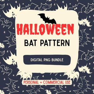 Può includere: Una grafica digitale con un motivo ripetuto di pipistrelli disegnati a linee bianche su sfondo blu scuro. Un rettangolo color crema al centro mostra il testo HALLOWEEN BAT PATTERN, DIGITAL PNG BUNDLE e PERSONAL + COMMERCIAL USE.