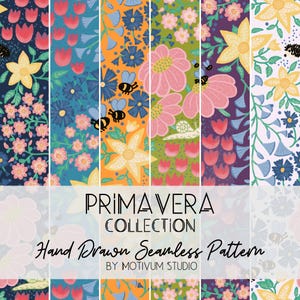 May include: A digital display of the PRIMAVERA COLLECTION Hand Drawn Seamless Pattern by MOTIVUM STUDIO, featuring six vertical panels with floral motifs in navy, blue, orange, green, purple, and white, including bees, snails, and flowers.