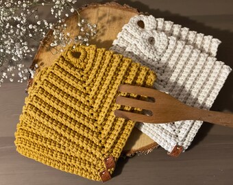 2 agarraderas tejidas a crochet | diseño moderno | Salvamanteles para ollas textiles de cocina auxiliar de cocina ~ grueso y resistente al calor