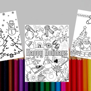 Christmas Coloring Pages set of 3, Snowman coloring page, Santa coloring page, Holiday coloring page