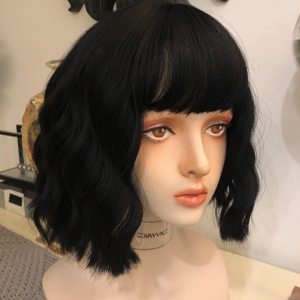 Black wig,short wavy wig,Curly hair,bob wig,wig with bangs,cosplay wig,fashion wig,dress up hair,Lolita wigs