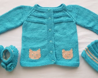 Very Cute Cat Cardigan for baby 6-12 months old with bonnet and booties. Hand Knitted with Care. Perfect for baby shower gift