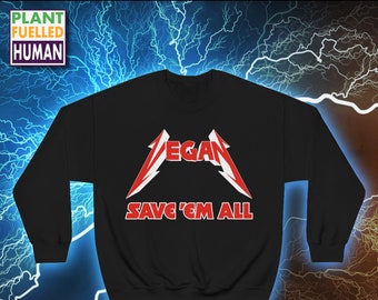 Save Em All Vegan Vintage 80s Metal Long Sleeve Sweatshirt, Plant Based Apparel, Animal Liberation Clothing, Gift For Metalhead Chef