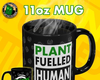 Envision Plants 11oz Black Ceramic Vegan Coffee Mug, Vintage 80s Skateboarding Inspired Mug,Plant Fuelled Human Retro Eighties Mug