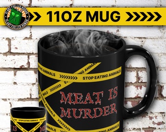Meat Is Murder Vegan Coffee Mug, 11 Ounce Black Ceramic Mug, Vegan Tea Mug, Vegan Metal, Drinkware, Vegan Gift For Men, Animal Liberation